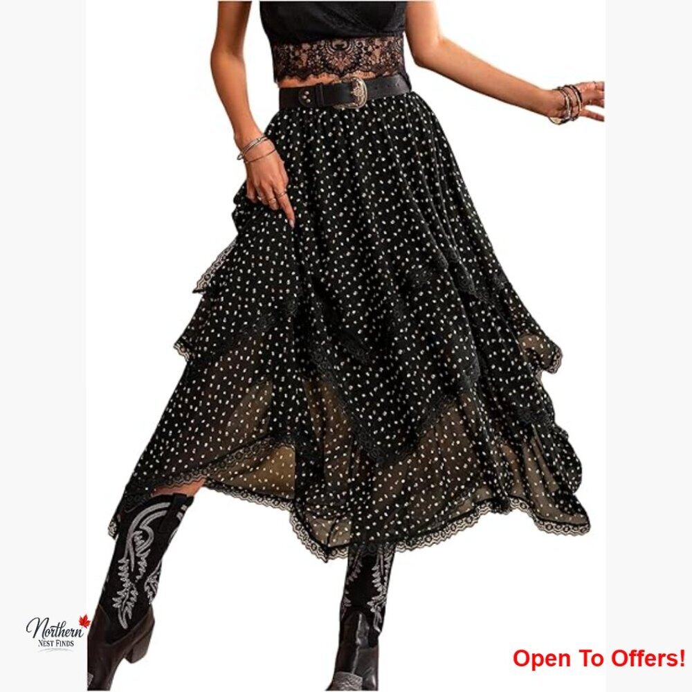 Mesh Polka Dots Layered Skirt Lace Trim Asymmetrical Hem Midi